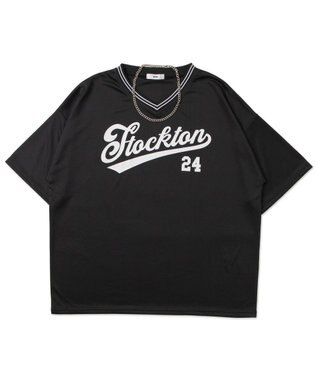 WEGO 【ユニセックス着用ITEM/2点セットネックレス付き/MLサイズ展開】アクセ付きラインリブメッシュプルオーバー ブラック