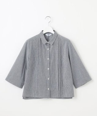 J.PRESS LADIES 【洗える】リネンminiチェック フロントピンタック シャツ ネイビー系