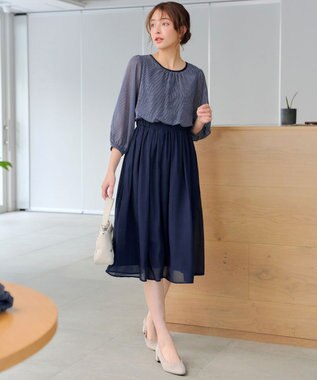 Tiaclasse L ブラウジングシフォンワンピース ネイビーストライプ