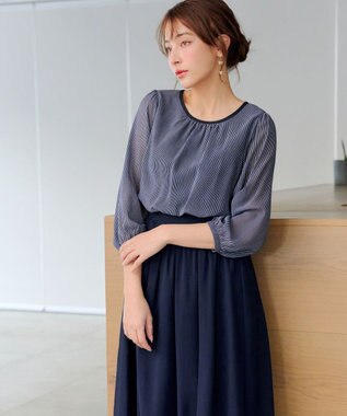 Tiaclasse L ブラウジングシフォンワンピース ネイビーストライプ