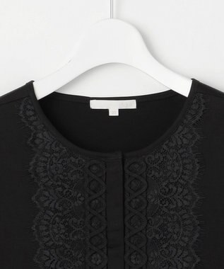 自由区 L 【洗える】コード刺繍胸元レース カットソー ブラック