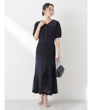 earth music&ecology ２点ＳＥＴ透かし編みカーディガン＋裾フレアスカート Dark Navy