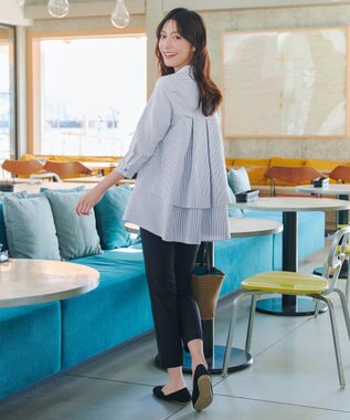 Tiaclasse バックタックフレアチュニック ネイビーストライプ