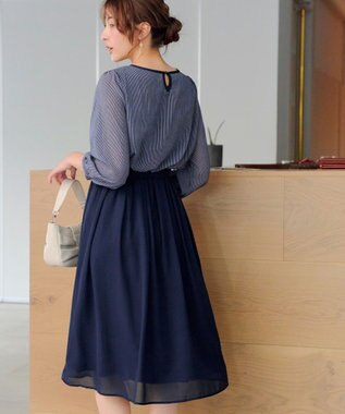 Tiaclasse L ブラウジングシフォンワンピース ネイビーストライプ
