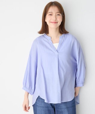 ANY L 【手洗い可能】ヨーロピアンリネンスキッパーネックブラウス ライトブルー