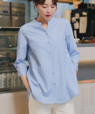 Tiaclasse バックタックフレアチュニック サックスストライプ