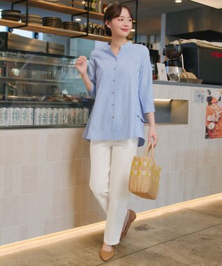 Tiaclasse バックタックフレアチュニック サックスストライプ