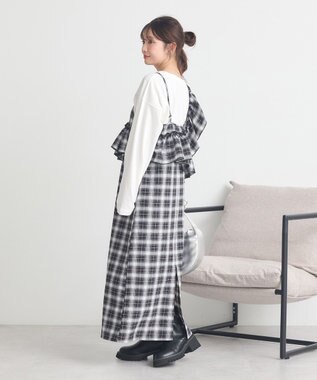 earth music&ecology 2wayフリルチェックキャミワンピース Black