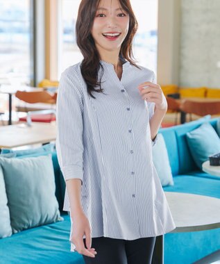 Tiaclasse バックタックフレアチュニック ネイビーストライプ