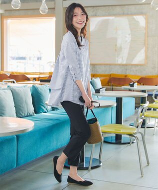 Tiaclasse バックタックフレアチュニック ネイビーストライプ