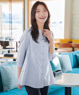 Tiaclasse バックタックフレアチュニック ネイビーストライプ