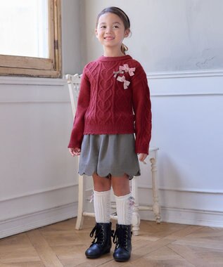 ANY KIDS リボン ケーブル ニット ワインレッド