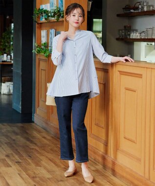 Tiaclasse バックタックフレアチュニック ネイビーストライプ