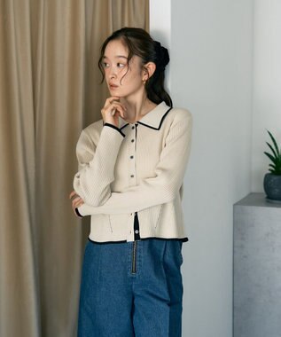 earth music&ecology バイカラートリムニットカーディガン Ivory