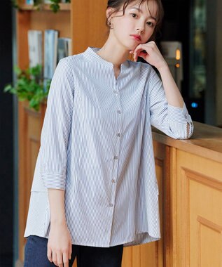 Tiaclasse バックタックフレアチュニック ネイビーストライプ