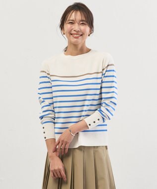 J.PRESS LADIES S Rayon Stretch Border ニット オフ×ブルー×モカ系