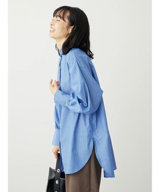 Green Parks イージーケアスタンドフリルシャツチュニック Stripe Blue