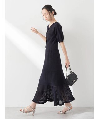 earth music&ecology ２点ＳＥＴ透かし編みカーディガン＋裾フレアスカート Dark Navy