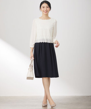 ANY SIS L 【洗える】レースコンビバックサテン ワンピース ネイビー