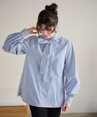 #Newans 【洗濯機可】ステッチデザインリボンタイブラウス ネイビーストライプ