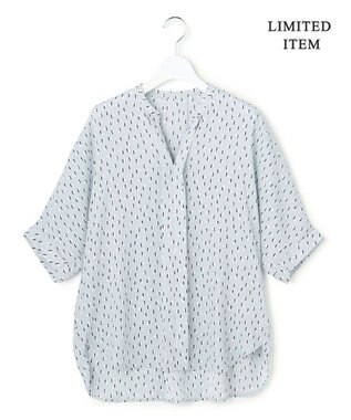 ICB L 【先行予約・WEB限定】BackSatinAmunzen 5分袖キーネックブラウス サックスブルー×モチーフドット柄