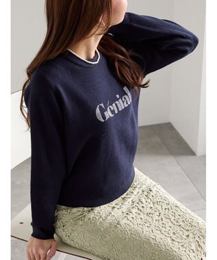 Te chichi ラインストーンレタードニットプルオーバー ネイビー