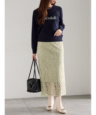 Te chichi ラインストーンレタードニットプルオーバー ネイビー