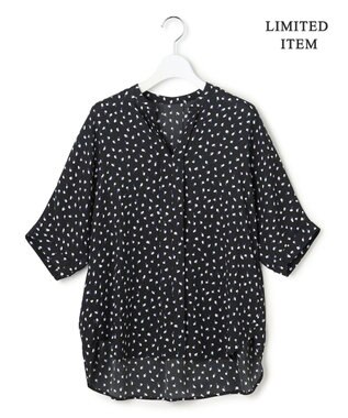 ICB L 【先行予約・WEB限定】BackSatinAmunzen 5分袖キーネックブラウス ブラック×モチーフドット柄