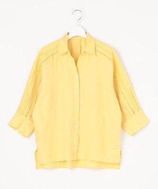 自由区 【XSサイズ～/洗える/セット可】エンブロイダリーリネン前開き シャツブラウス ライトイエロー系