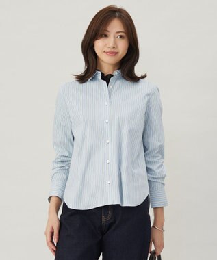 J.PRESS LADIES L 【洗える】BEZコットンナイロン ストライプ シャツカラー ブラウス ブルー×イエローストライプ系1