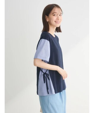 Green Parks 脇リボン５分袖布帛ドッキングプルオーバー Navy