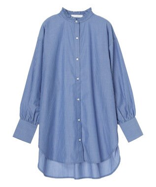 Green Parks イージーケアスタンドフリルシャツチュニック Stripe Blue