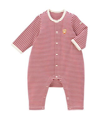 MIKI HOUSE HOT BISCUITS 【70-80cm】【Everyday Series】ワンポイント ボーダーカバーオール ワインレッド