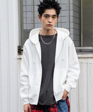 WEGO 【ユニセックス着用ITEM/裏起毛/SMLサイズ展開】リラックスフィットバックロゴジップパーカー ホワイト