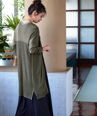 Tiaclasse 【洗える】バックリブプリーツ編みロングカーディガン カーキ