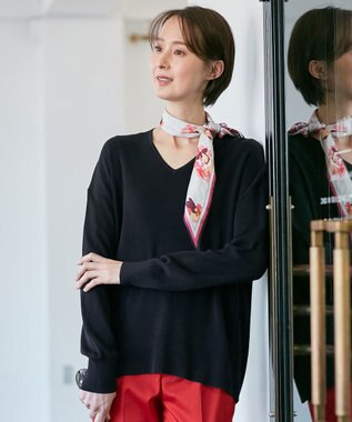 自由区 【XSサイズ～/洗える/セット着用可】ドライコットンハイゲージVネック ニット ネイビー系