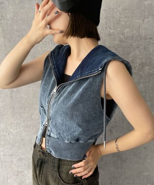 WEGO ヴィンテージウォッシュWジップN／Sパーカー デニム