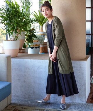 Tiaclasse 【洗える】バックリブプリーツ編みロングカーディガン カーキ