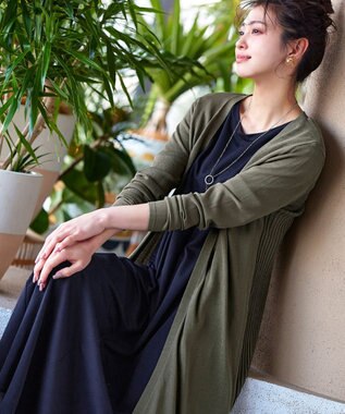 Tiaclasse 【洗える】バックリブプリーツ編みロングカーディガン カーキ