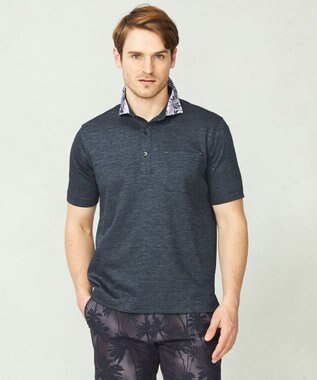 JOSEPH ABBOUD 【吸水速乾】リネンハニカム ポロシャツ(リーフ柄） ネイビー系