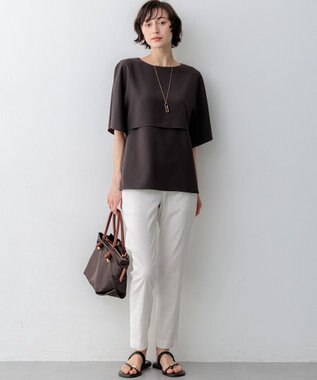 23区 【吸水速乾/UVカット/接触冷感】ストレッチジョーゼット  ケープデザイン カットソー ダークブラウン系