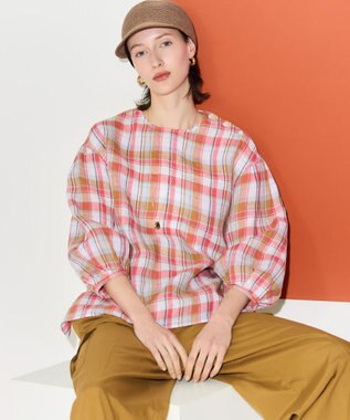23区 【先行予約】LIBECOリネン チェック ボリュームスリーブ ブラウス