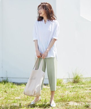 J.PRESS LADIES 【シワになりにくい】コットンフィッティーシャーク ワイドパンツ ライトグリーン系