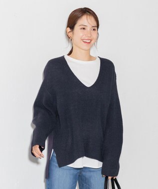 ANY ウールブレンドバルキーニット Vネック ネイビー