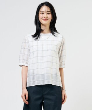 J.PRESS LADIES 【一枚で着映え】キュプラチェック  5分袖 ブラウス ホワイト系