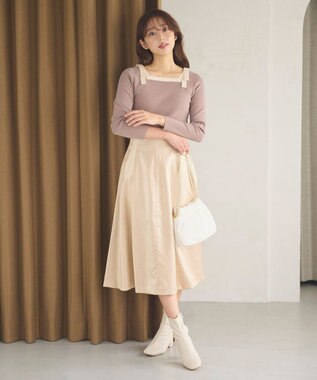 Feroux 【洗える】シャイニーフレアスカート ベージュ系