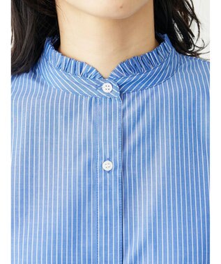 Green Parks イージーケアスタンドフリルシャツチュニック Stripe Blue
