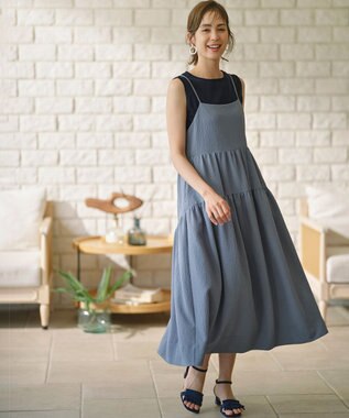 組曲 【WEB限定】クレープストレッチ ティアードキャミワンピース ダスティブルー系