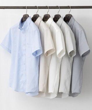 GOTAIRIKU とにかく涼しい/酷暑対応【シワになりにくい/吸水速乾】クールマックスサッカーシャツ サックスブルー×白