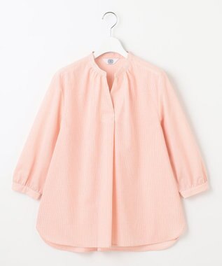 J.PRESS LADIES 【洗える】リネンminiチェック バンドカラー プルオーバー ブラウス ピンク系